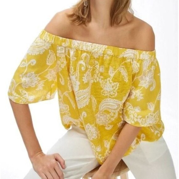 Chico's Tops - Chico's 100% Linen Yellow Paisley Ruffle Sleeve Off Shoulder Top Shirt Sz 2 (L)